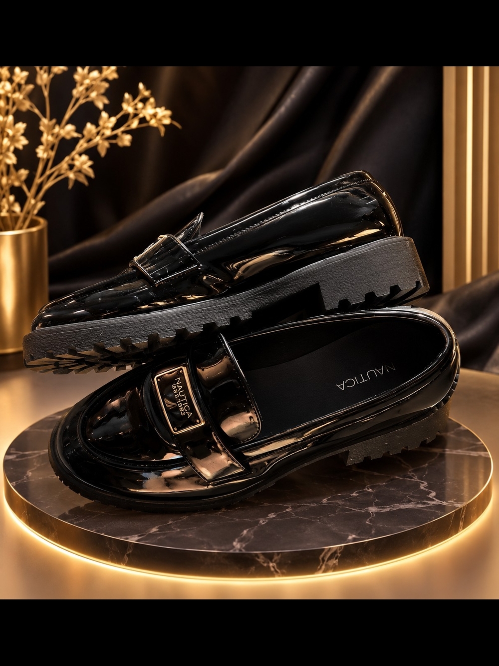 Nautica Black Patent Leather Lug Sole Loafers